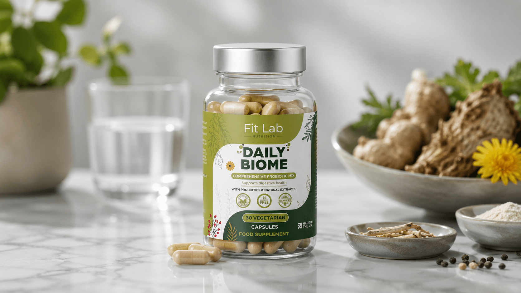 Daily Biome gut support supplement bottle with vegetarian capsules